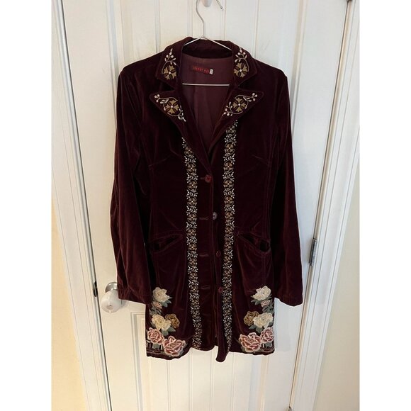 Johnny Was Embroidered Velvet Coat Jacket S Burgundy Floral Boho‎ Style Sz Small - Picture 1 of 8